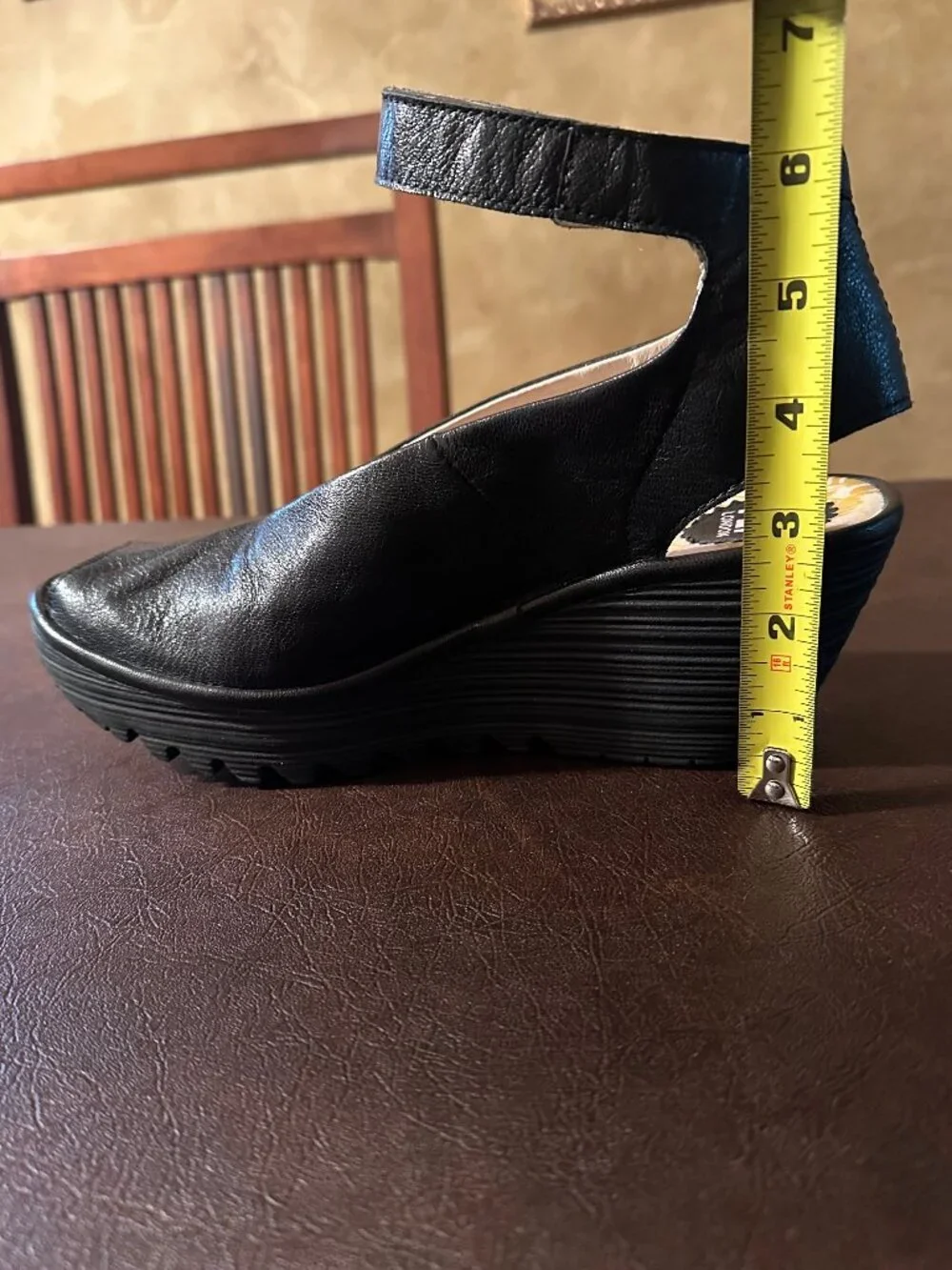 Fly London Ankle Wrap Slingback Peep Toe Black Mousse Chunky Wedge Sandals SZ 40